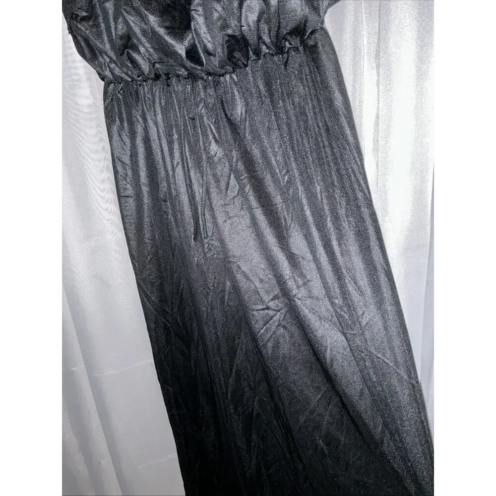 Vintage Deena Elegant Black Silky Nightgown Empire Waist Floral Lace Bodice Sz S